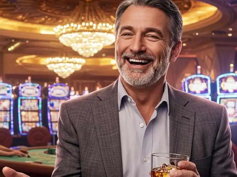 Mature man enjoying a drink at a casino after a successful game of Craps