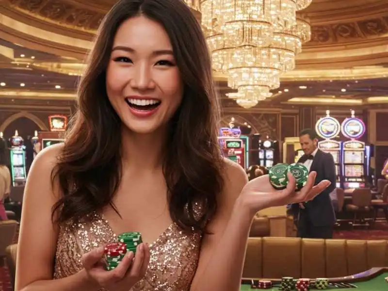 Smiling woman in a sparkly dress holding casino chips after winning at Craps