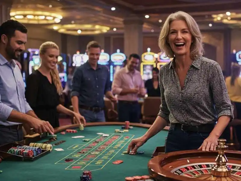 Group of smiling players enjoying a lively game of Craps at a casino table