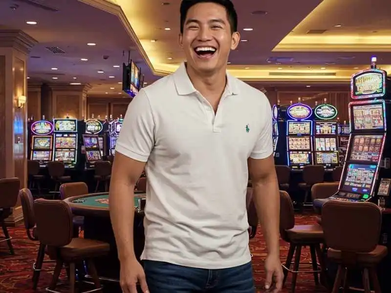 Young man in a white polo shirt smiling confidently at a casino, ready to play Crazy Time