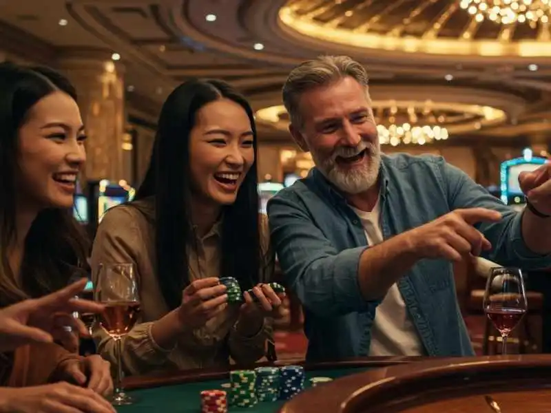 Group of friends smiling and playing at a casino table during a Crazy Time win