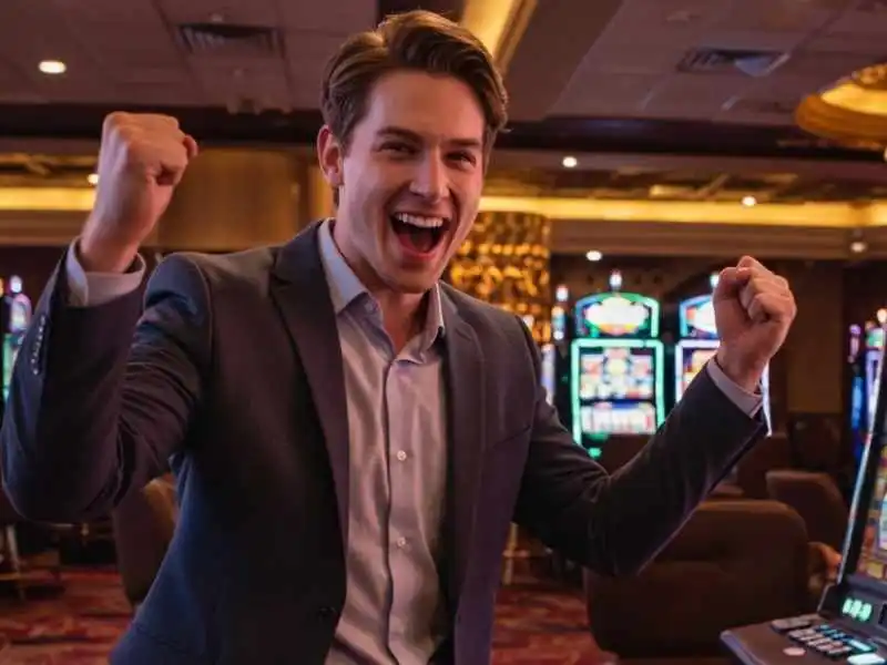 Young man in a suit celebrating a Sports betting win inside a casino