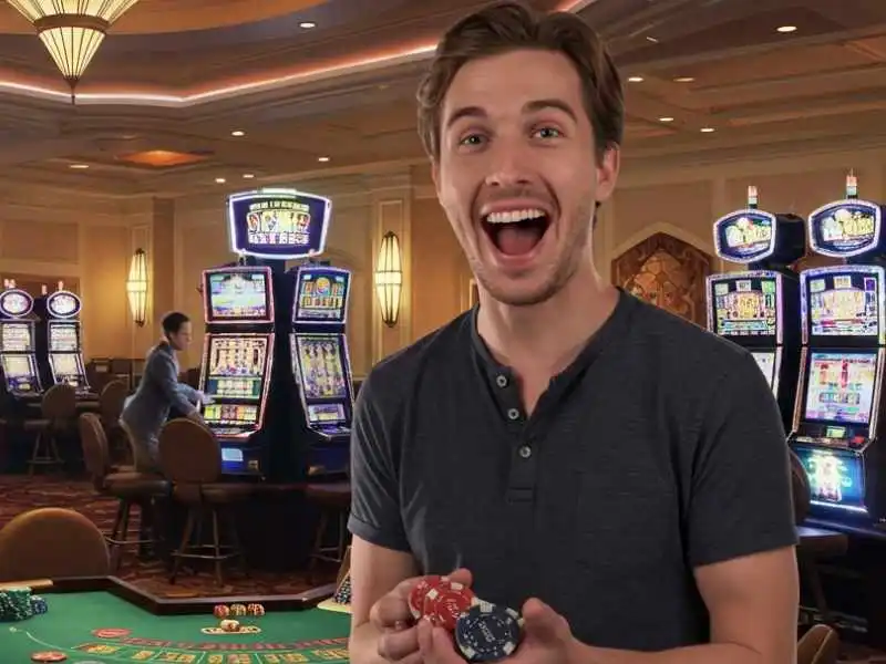 Excited man holding casino chips, celebrating a big Sports betting win