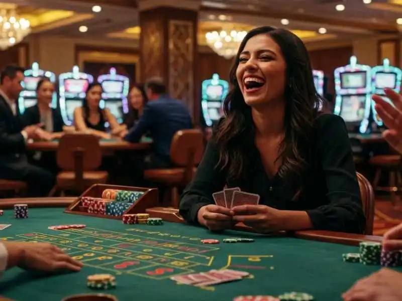  Smiling woman enjoying a casino card game, symbolizing the thrill of Sports betting