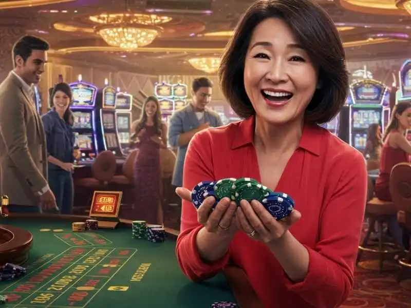 Happy woman in red holding casino chips after winning at a Casino craps table