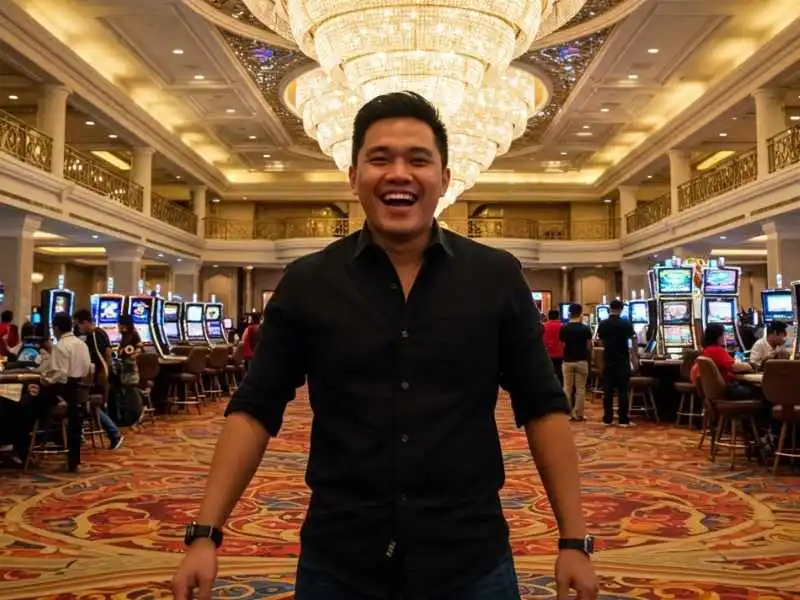 Smiling man standing confidently on a luxurious casino floor, highlighting the excitement of Casino craps