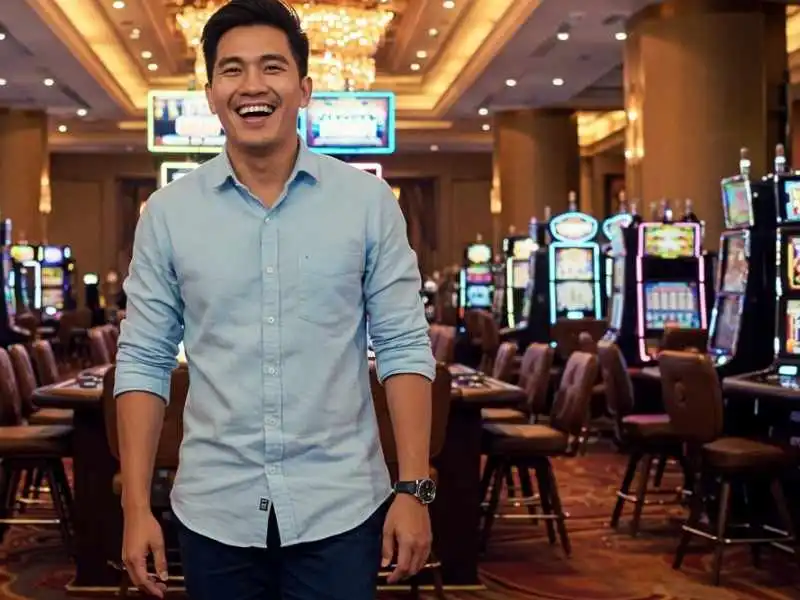 Smiling man standing in a casino with slot machines and Casino craps tables in the background