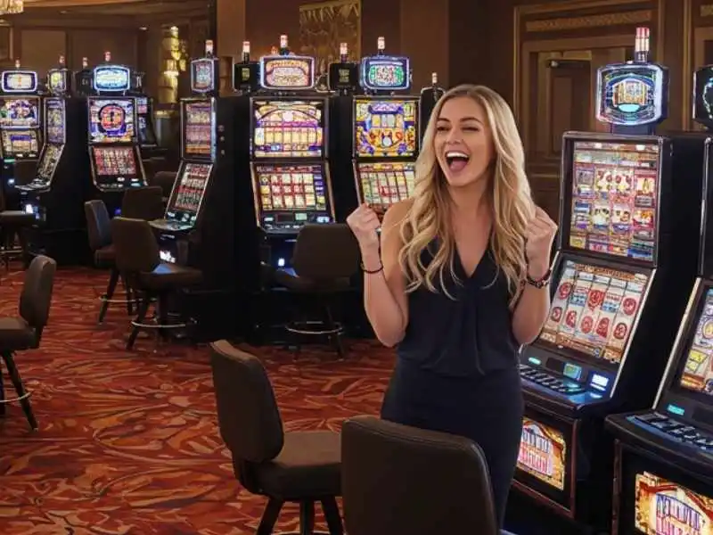 Woman celebrating a big win on Fortune gems slot machine in a casino