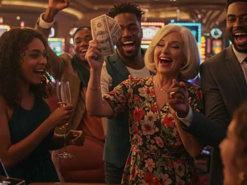 Woman celebrating with cash surrounded by cheering friends after receiving Casino Comps