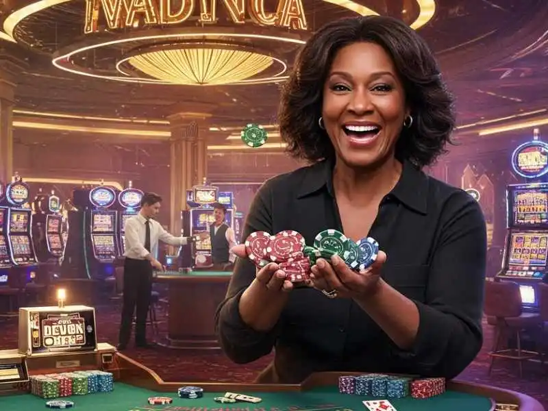 Woman smiling and tossing chips in the air after receiving Casino Comps in a luxury casino