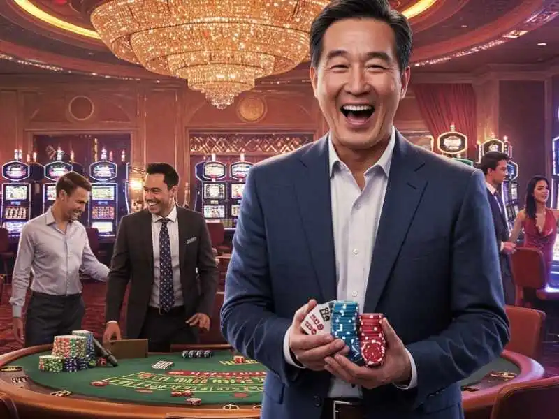 Happy man holding poker chips at a casino table after earning Casino Comps rewards