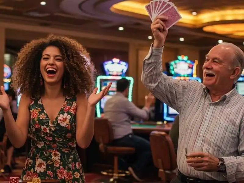 Excited man and woman celebrating a big win with cards after a Minesweeper game in the casino