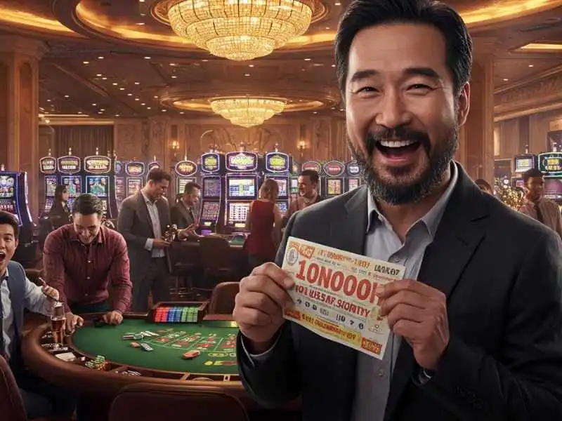 Man smiling and holding a winning ticket after hitting the jackpot in a Minesweeper game