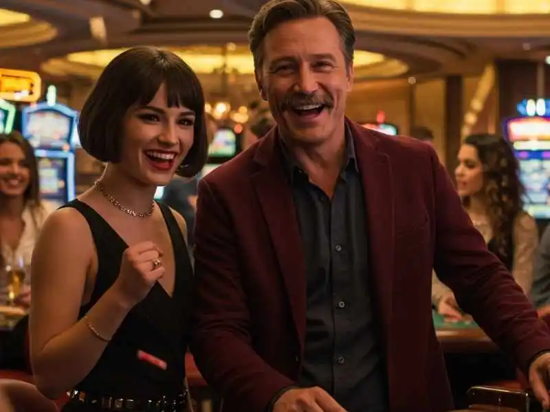 Smiling couple at a casino enjoying a thrilling Minesweeper game win