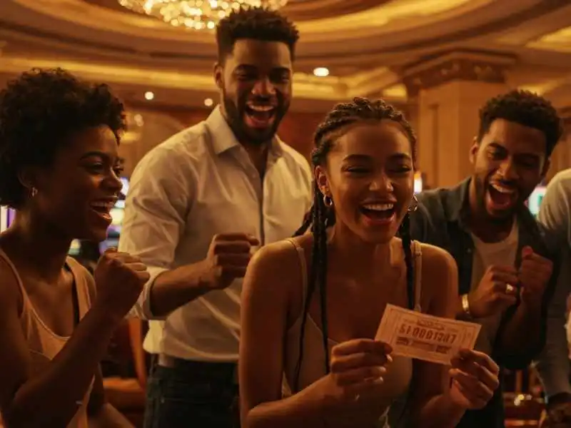 Group of excited friends celebrating with a winning ticket after a big Minesweeper win