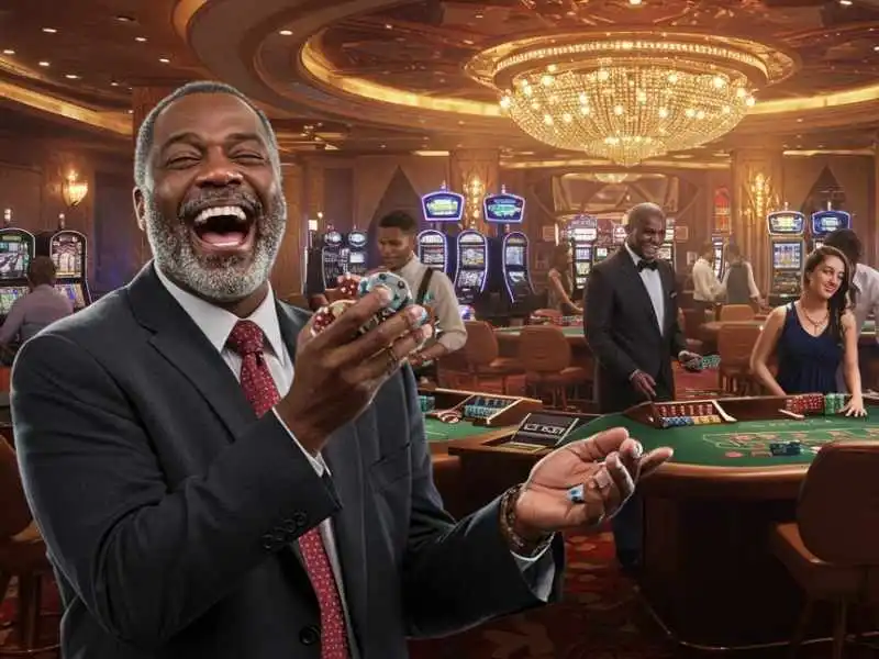 Joyful man in a suit celebrating with chips after a big win in Pinoy tongits