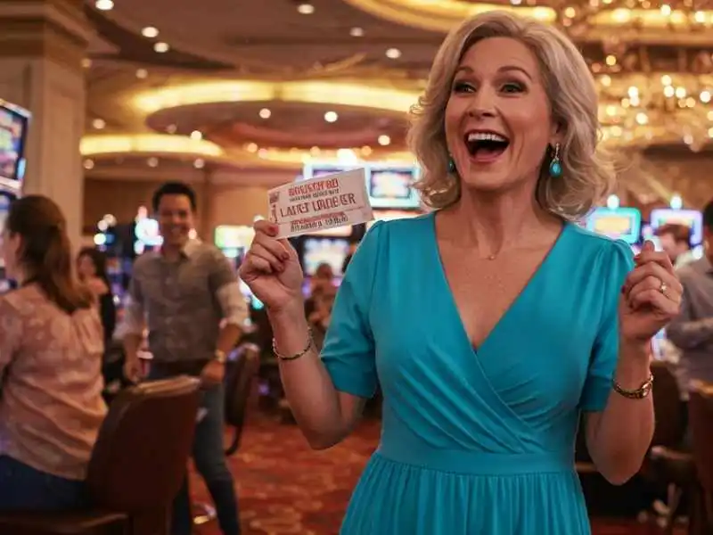 Happy woman in a blue dress holding a ticket after winning in a Pinoy tongits casino game