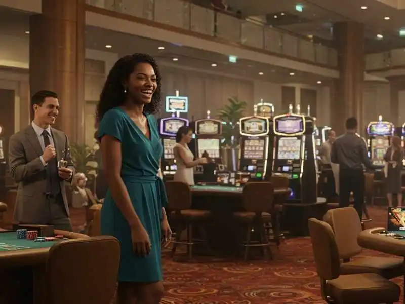 Woman in a blue dress at a casino standing near a Texas Hold'em table with slot machines in the background