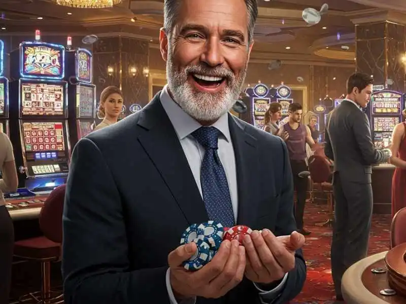 Confident man in a suit smiling while holding poker chips in a Texas Hold'em casino scene