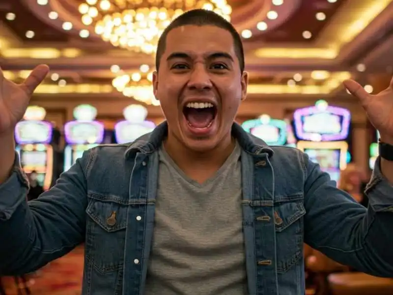 Young man cheering joyfully in front of slot machines after a big win