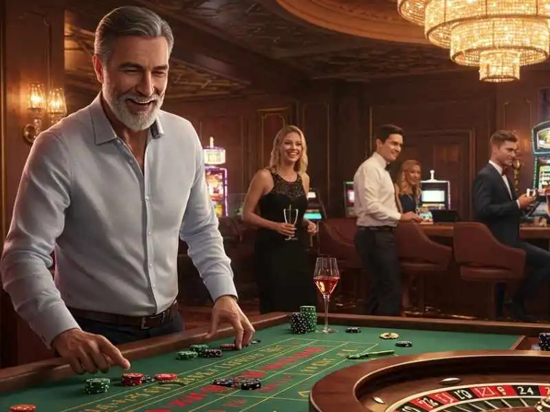 Mature man playing Texas Hold'em at a lively casino with friends in the background