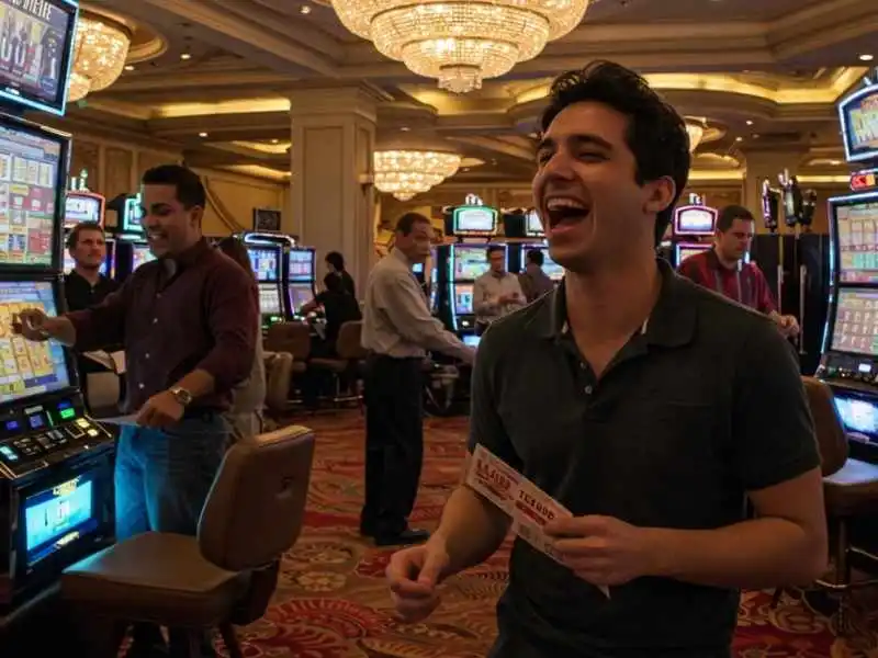 Excited man holding a winning ticket in a casino, reflecting the thrill of online basketball betting.