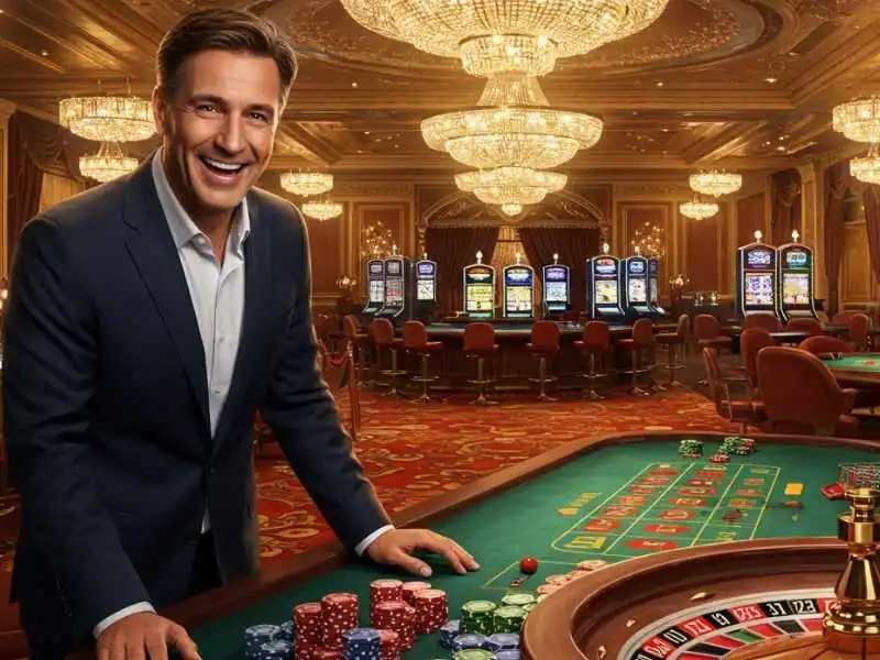 Man in suit smiling confidently at a casino table during a Lucky 9 game
