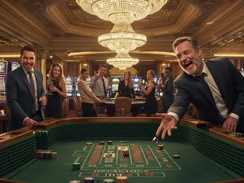 Group of casino players cheering as a man rolls dice during a Lucky 9 game