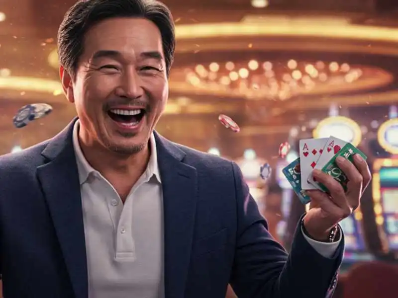 Excited man holding winning bingo cards and chips in a lively casino, representing Online Bingo Philippines