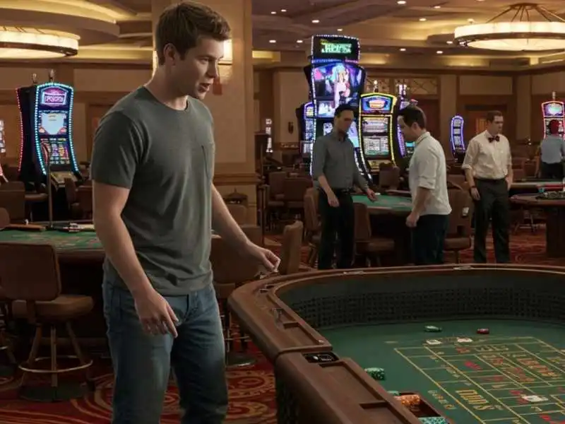 Man standing beside a gaming table with Jackpot Meter Slot machines in the background