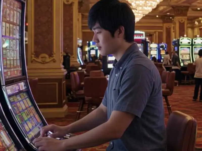Young man playing Jackpot Meter Slot machine in a luxurious casino