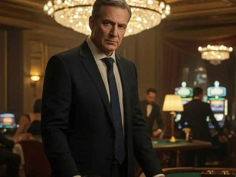 Man in formal suit near Jackpot Meter Slot tables in a luxury casino