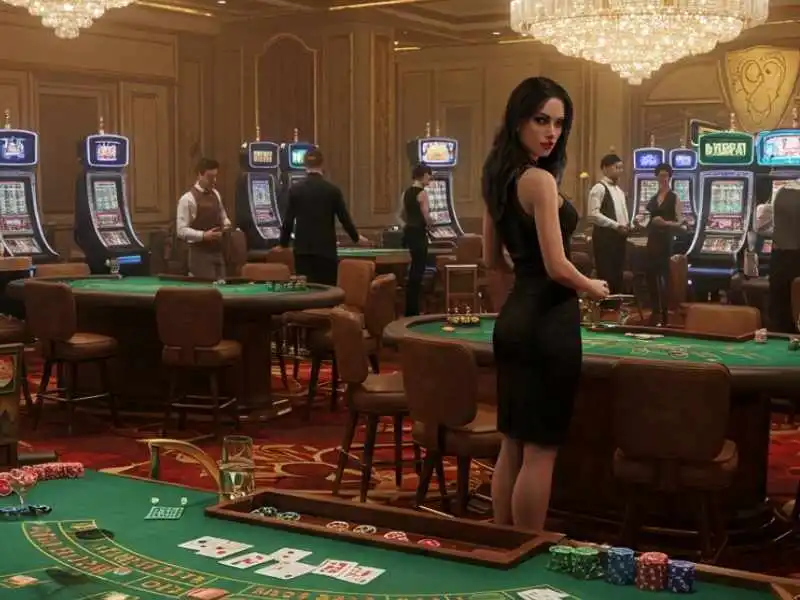 Elegant woman at MWPlay casino table, looking back