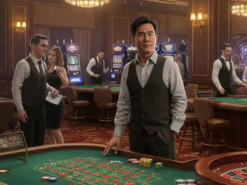 Dealer in casino standing beside MWPlay roulette table