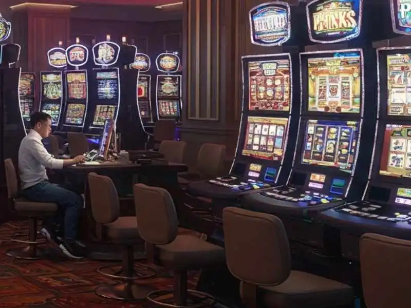 Man playing alone on slot machines in a quiet casino section, illustrating the immersive solo gaming experience of TMTPlay Net.