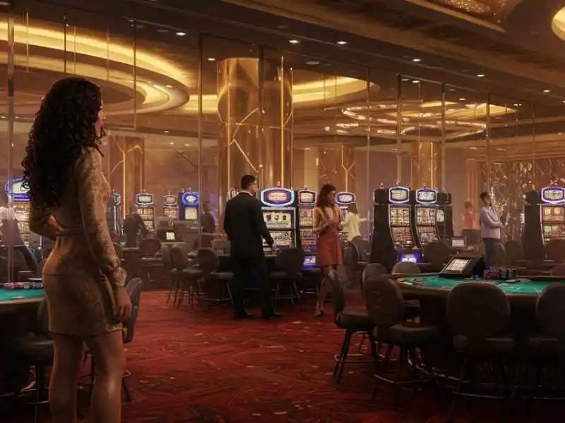 Elegant casino floor with players at slot machines and table games, showcasing the vibrant gaming atmosphere inspired by TMTPlay Net.