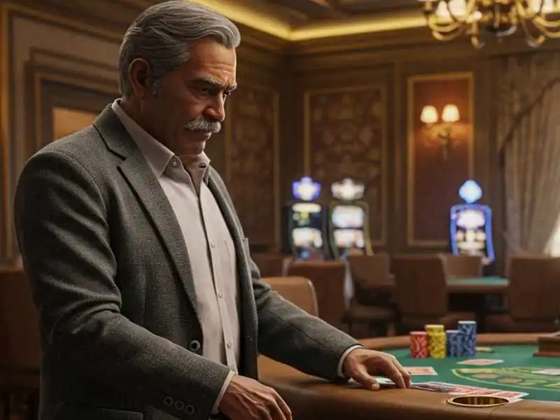 Elderly man playing cards at a luxurious casino table with poker chips, representing the premium gaming experience on TMTPlay Net.