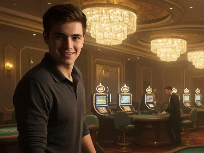 Young man smiling inside TMTPlay Casino with slot machines in background