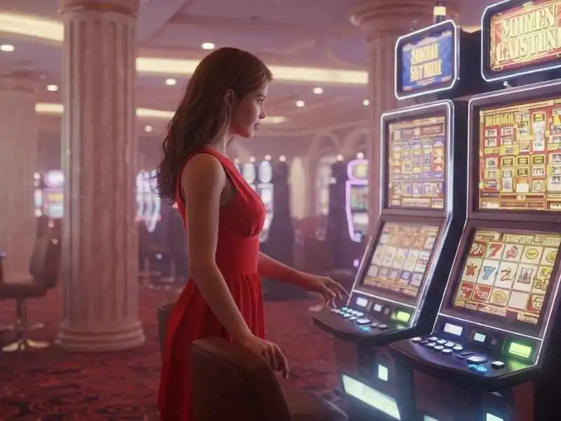 Woman in red playing slot machines at TMTPlay Casino