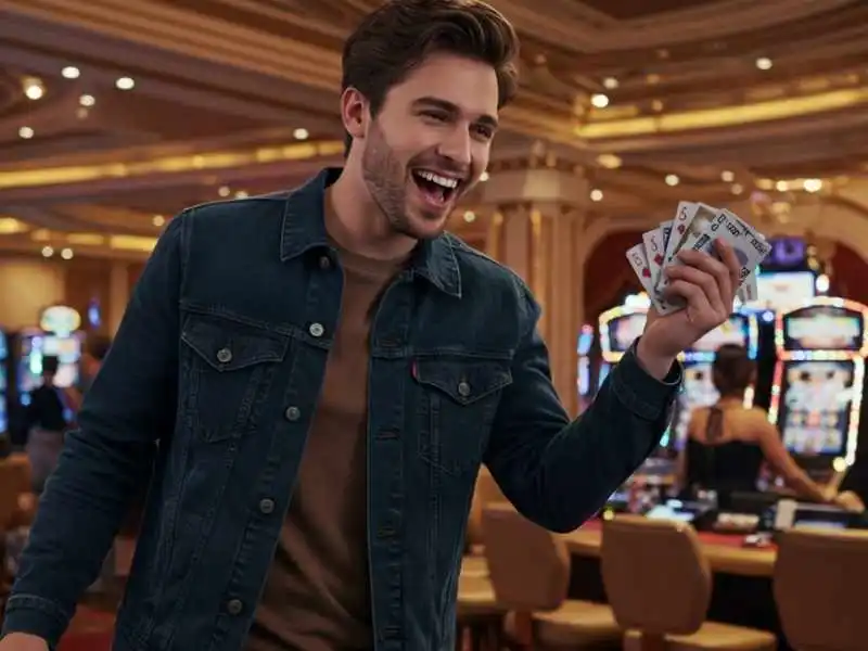Happy man holding playing cards after winning at TMTPlay.net casino