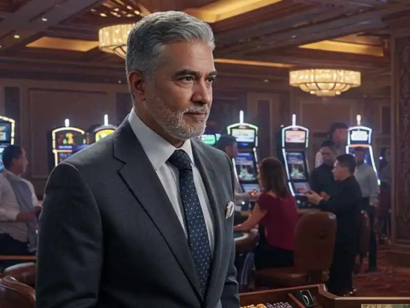 Confident man in suit at MWPlay888 casino floor