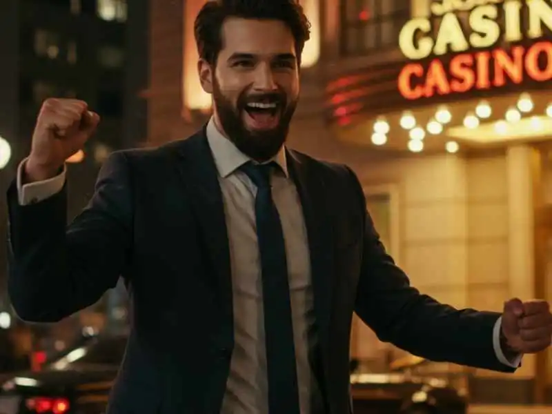 Excited man in a suit cheering outside a brightly lit casino