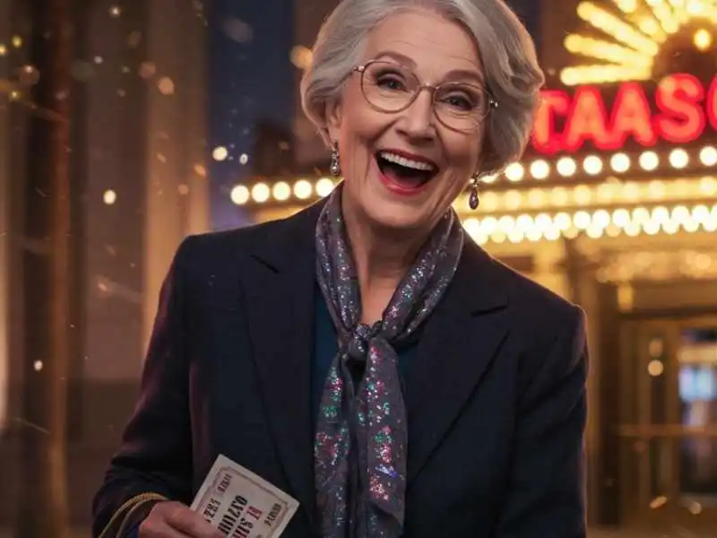 Smiling elderly woman holding a ticket outside a casino