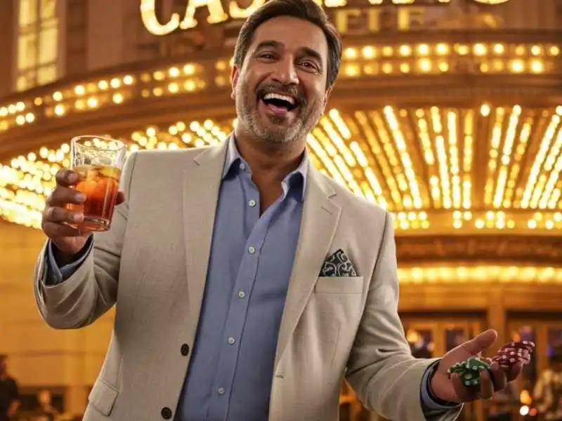 Man smiling with drink and poker chips outside a casino