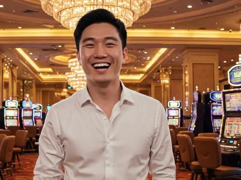 Smiling man in a white shirt standing confidently in a bright casino, symbolizing the exciting wins at Manila888.
