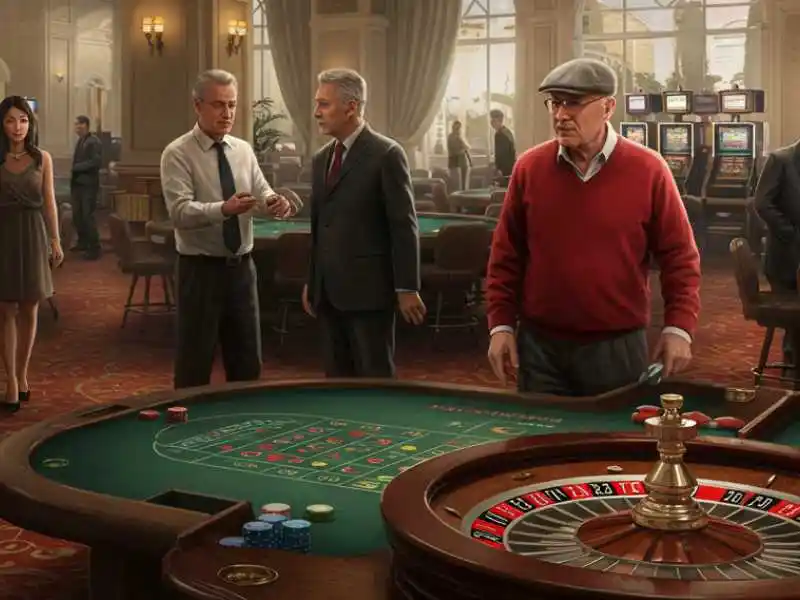 Older men at a roulette table in a luxury casino, symbolizing Bmy888 Net Online’s classic gaming experience.