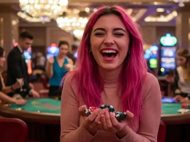 Young woman with pink hair laughing and holding casino chips at a game table