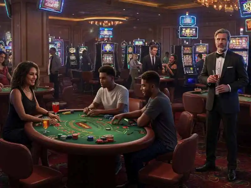 Casino players enjoying blackjack and slot machines in a vibrant live casino scene