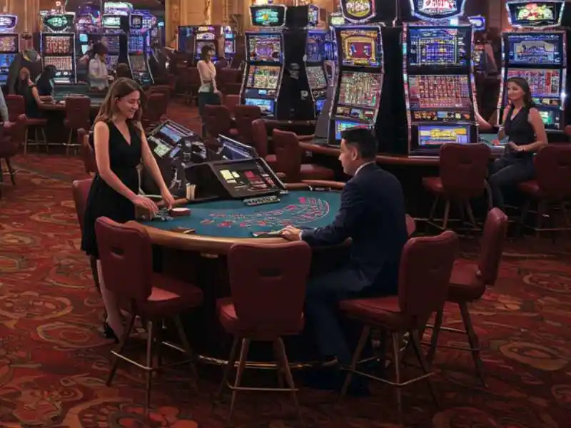 Dealer and suited player at blackjack table in Extreme Gaming 88 Casino with slot machines in the background