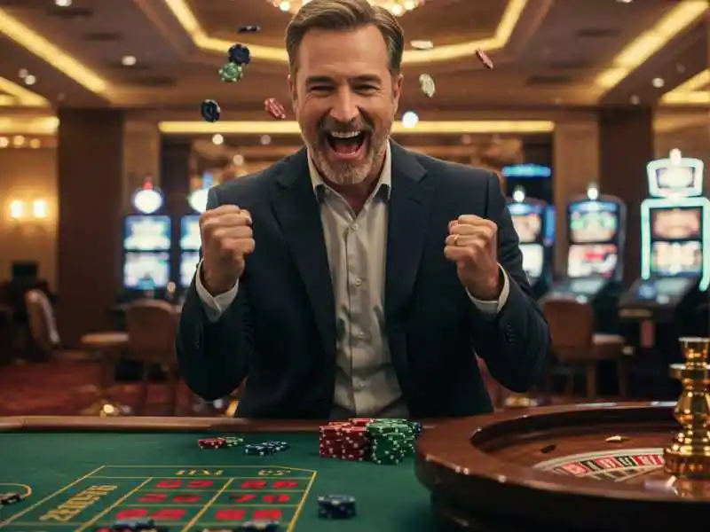 Thrilled man celebrating a roulette win at Extreme Gaming88 Casino.